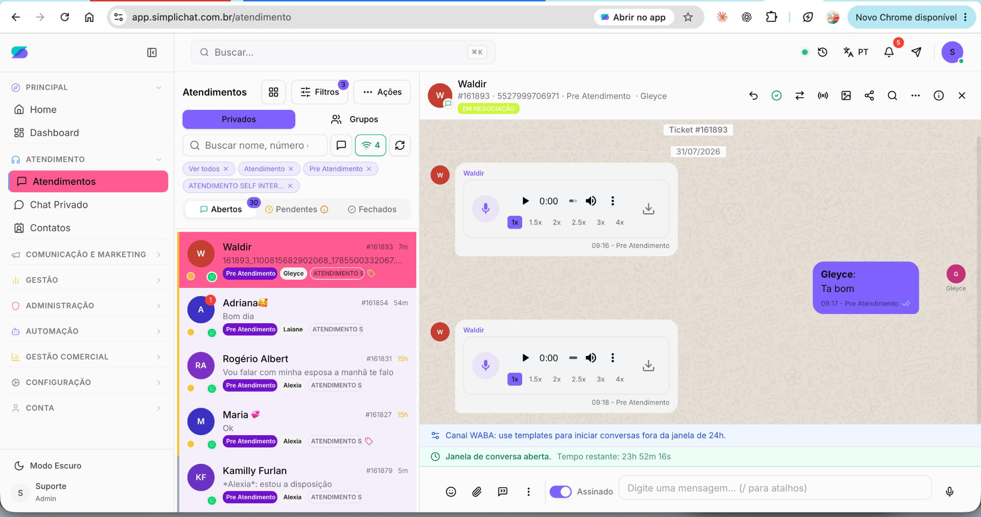 Tela real do Simplichat — Conversas
